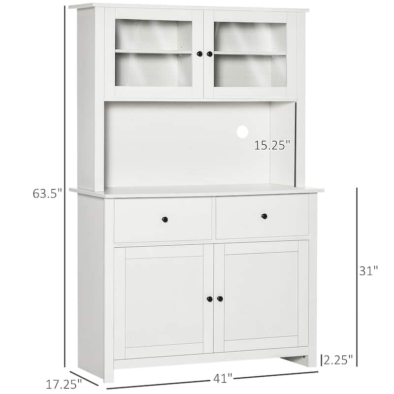 Antique White Kitchen Pantry Storage Cabinet with Hutch, 4 Shelves, Drawers, and Microwave Countertop