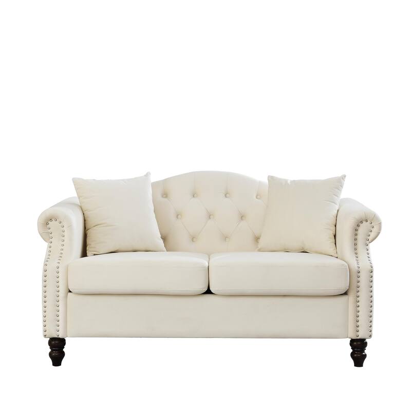 Chesterfield Velvet Sofa, Upholstered Loveseat Sofa with 2 Pillows, Tufted 2 Seater Sofa with Rolled Arms & Nailhead Trim
