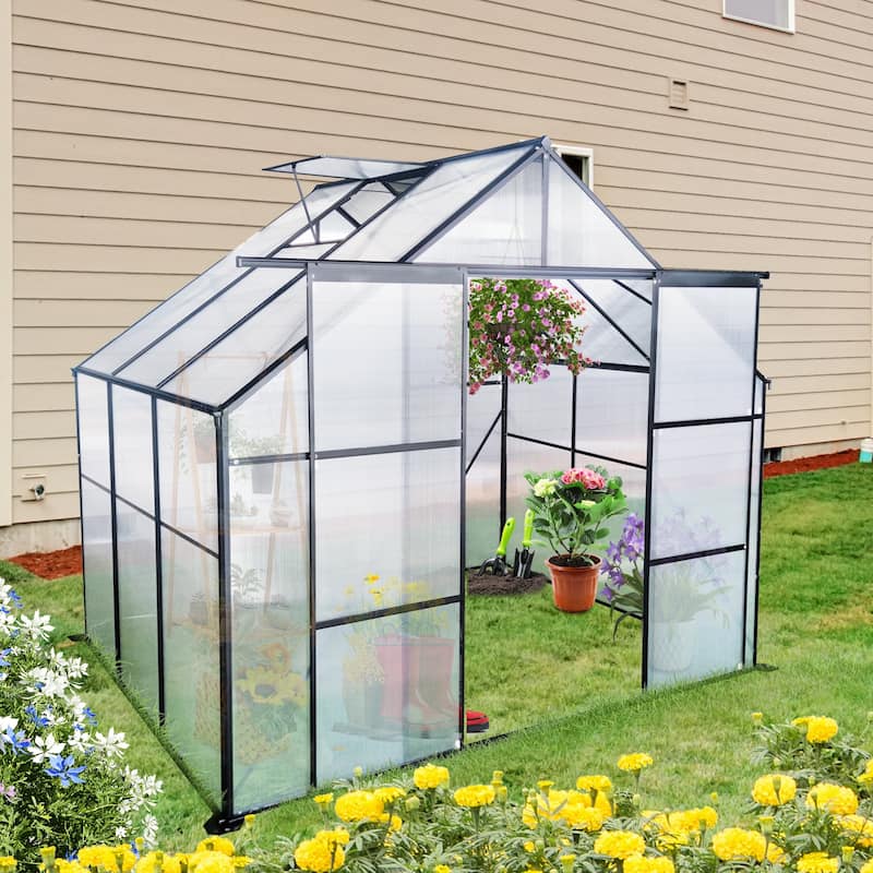 8X6FT Double Door Greenhouse Raised Base and Anchor Aluminum Heavy Duty Walk-in Greenhouses for Outdoor Backyard in All Season - 7' 8" x 6' 7"