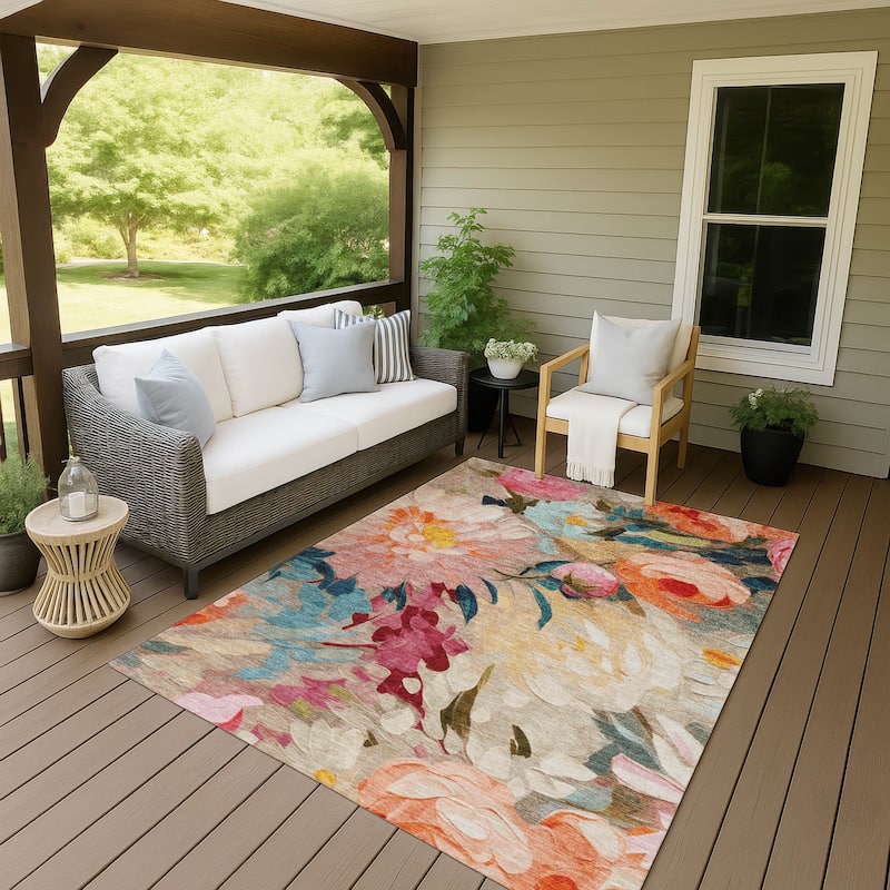 Machine Washable Indoor/ Outdoor Watercolor Floral Chantille Rug - Putty - 8' x 10'