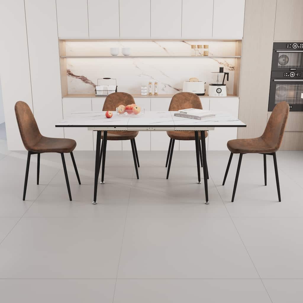 Expandable 5-Piece Dining Table and Suede Chair Set with Black Metal Frame and Marble Pattern Surface