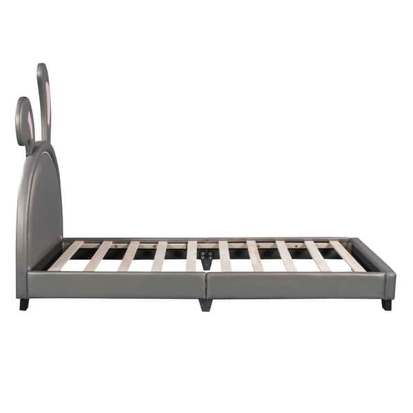 slide 2 of 9, Gray Twin Upholstered Leather Platform Bed with Rabbit Ear Ornament Gray - Twin