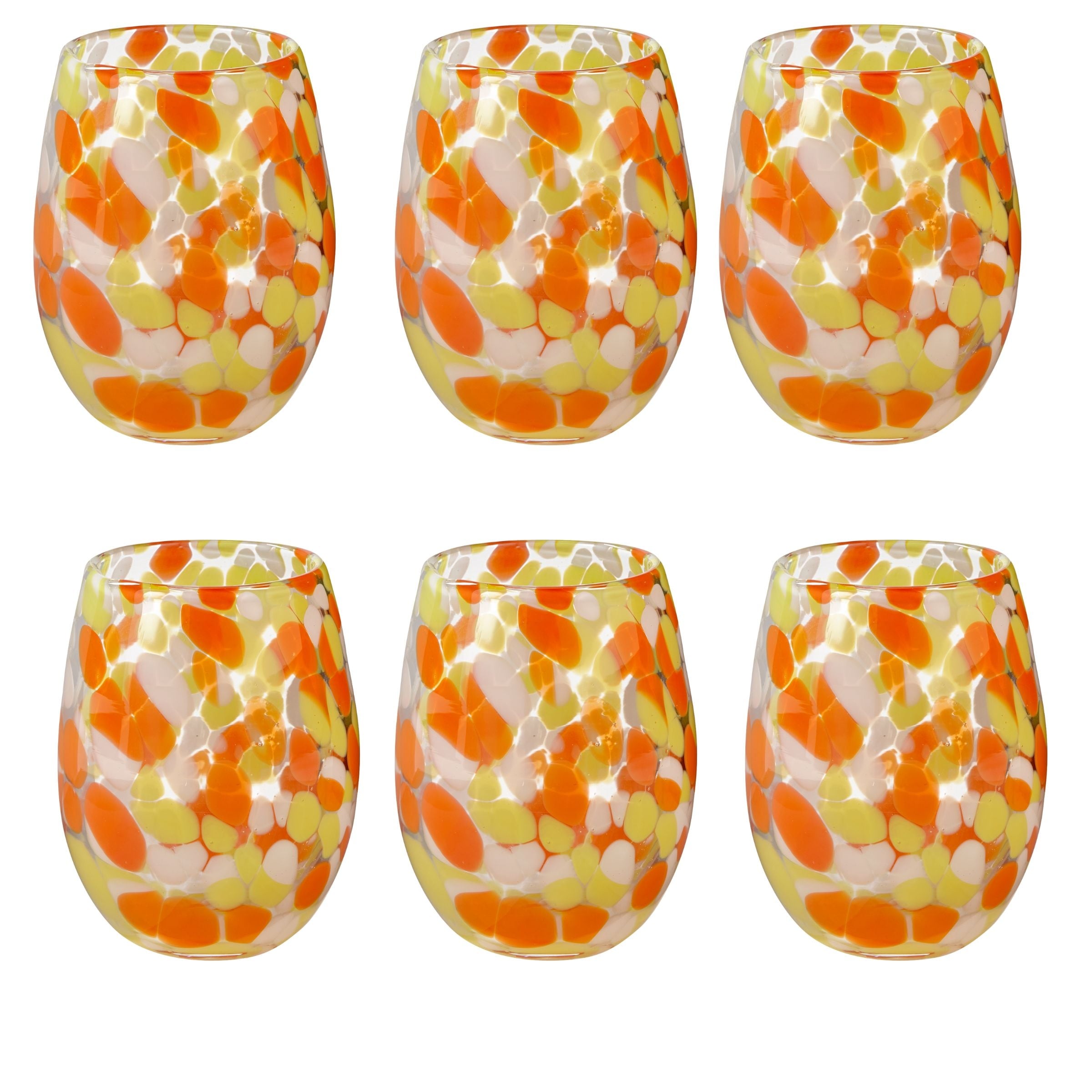 16 oz. Confetti Glass Stemless Wine Drinkware Orange and Yellow Candy Corn Dishwasher Safe Set of 6