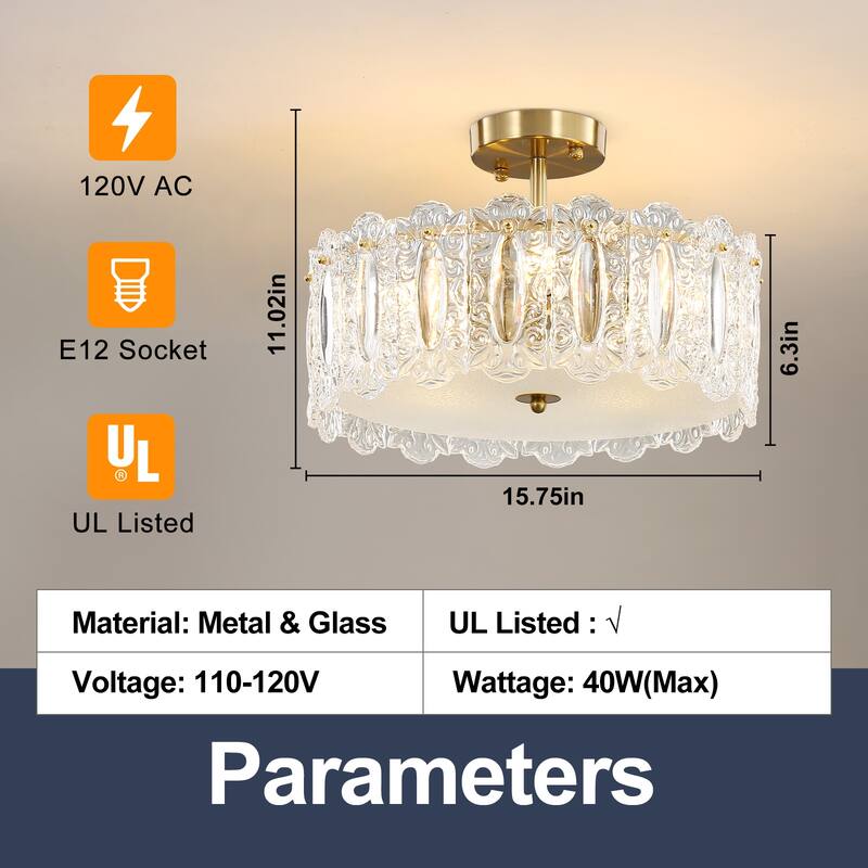Brass Modern Crystal Semi Flush Mount Ceiling Light for Living Room, Bulbs Included