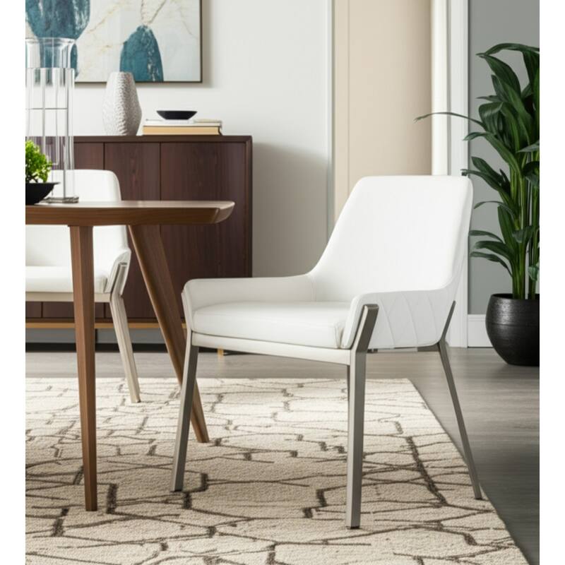 34" Contemporary Arm Dining Chair with White Upholstered Faux Leather Seat and Silver Frame - 33.5”H x 23”W x 24”D