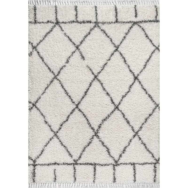 JONATHAN Y Modern Shag Plush Tassel Moroccan Geometric Trellis Area Rug - 5 X 8 - Cream/Grey