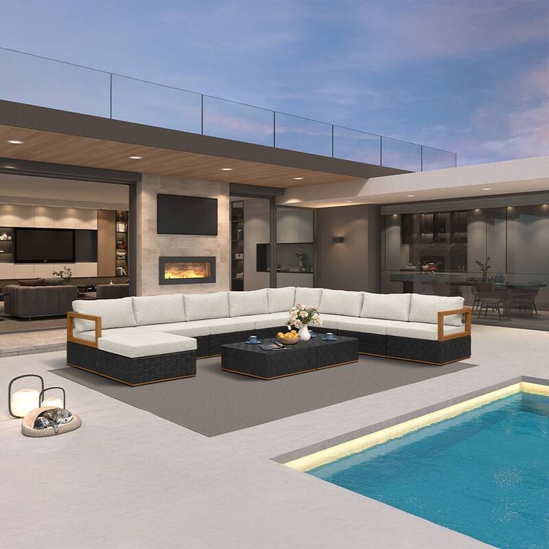 PURPLE LEAF GLFSF U-Shaped Black sofa with white seat Outdoor Couch for Yard Porch Deck Patio Conversation Sets - 8seats+1 Ottoman+2 Tables - U-shaped