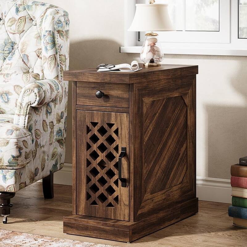 Narrow End Table with Drawer & Cabinet, 11.8" Slim Nightstand for Small Spaces, Farmhouse Side Table with Storage Shelf - Brown