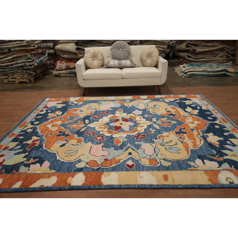 Hand Knotted Oriental 100% Wool Carpet Transitional Floral Navy Blue & Blues Oushak Area Rug - 9' 6'' X 8' 3''