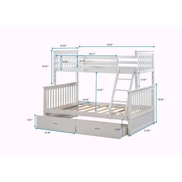 dimension image slide 0 of 4, Twin Over Full Bunk Bed with Storage Drawers, Ladder, and Safety Guard Rails