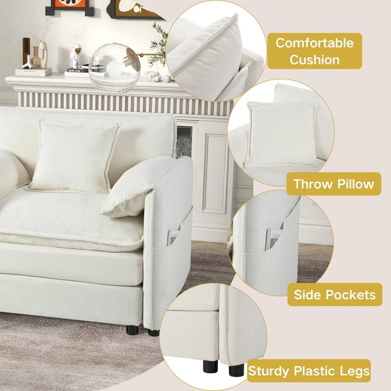 Chenille Modular Armchair with Storage Pockets & Toss Pillow