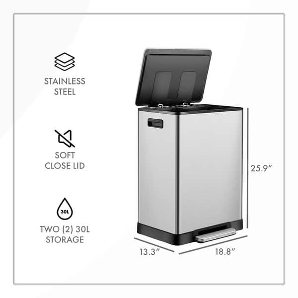 Stainless Steel Step Trash Can - 16 Gallon Garbage Bin with Soft Close Lid - Dual Compartment Recycling Wastebasket
