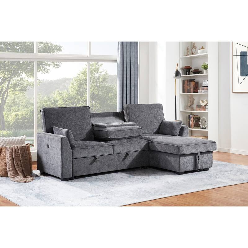 Emmy 89"W Dark Gray Fabric Sleeper Sectional Sofa with Reversible Storage Chaise, USB & USB-C Charging Ports, Cupholders