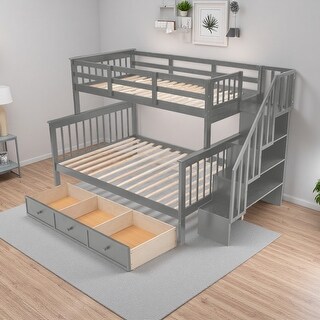 Twin over Full Solid Wood Bunk Bed with Storage Staircase & Drawer ...