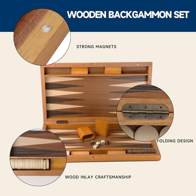GSE™ 21" Premium Wooden Inlay Backgammon Board Game Set, Portable Folding Backgammon Board Game with Game Pieces - 21-Inch