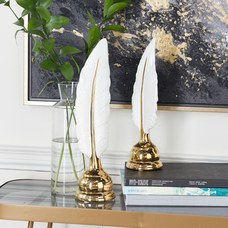 Ceramic Bird Feathers Sculpture - Set of 2 Gold - CosmoLiving by Cosmopolitan - 4"W x 4"L x 15"H