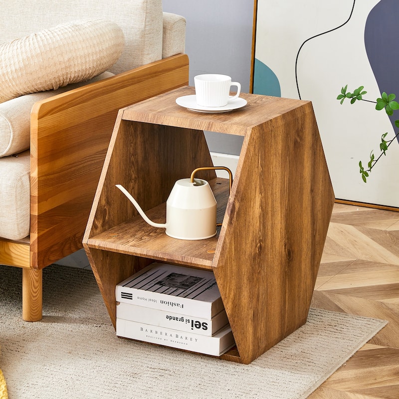 Hexagonal Coffee Table with Open Storage Space Multifunctional Wooden Side Table Small Apartment Center Table