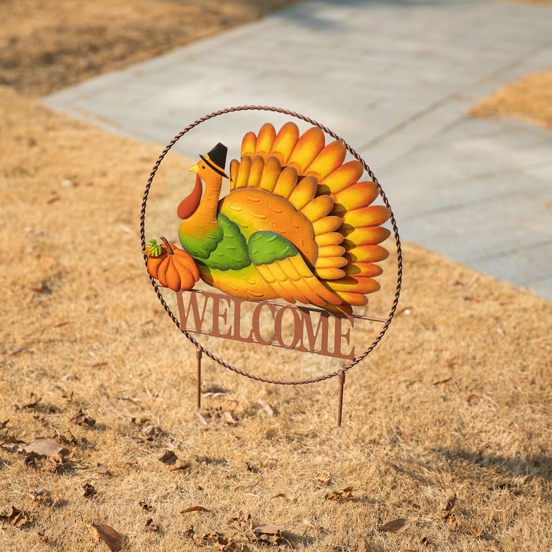 Glitzhome Fall Thanksgiving Metal Turkey Pumpkins Yard Stake