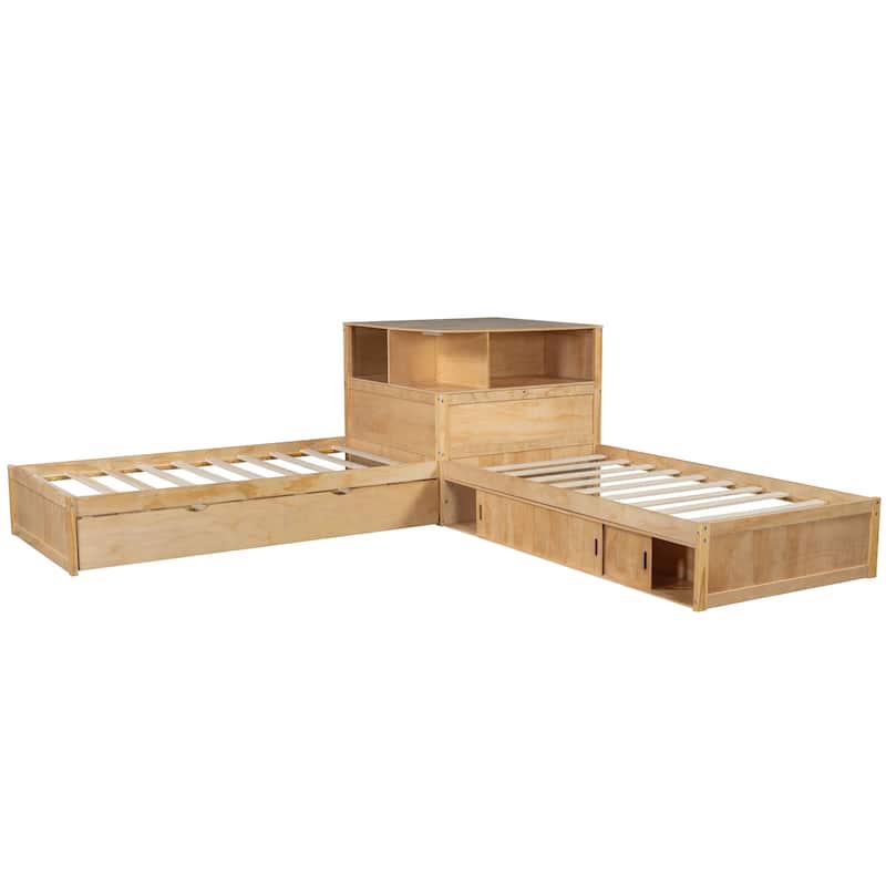 Twin Size L-shaped Bed Frame with Trundle Bed and Storage Cabinets, Desk, Lighting, Corner Platform Storage Bed Frame