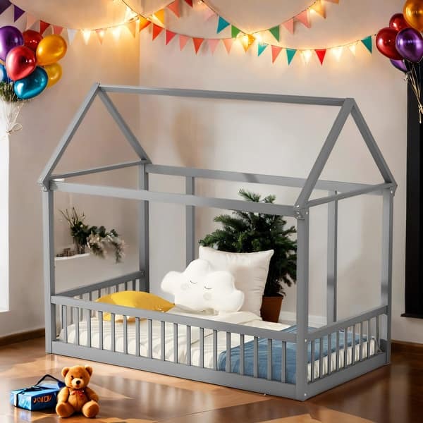 slide 2 of 39, Twin Size Floor Wooden Bed with House Roof and Safety Guardrails,Kids Bed Design Grey