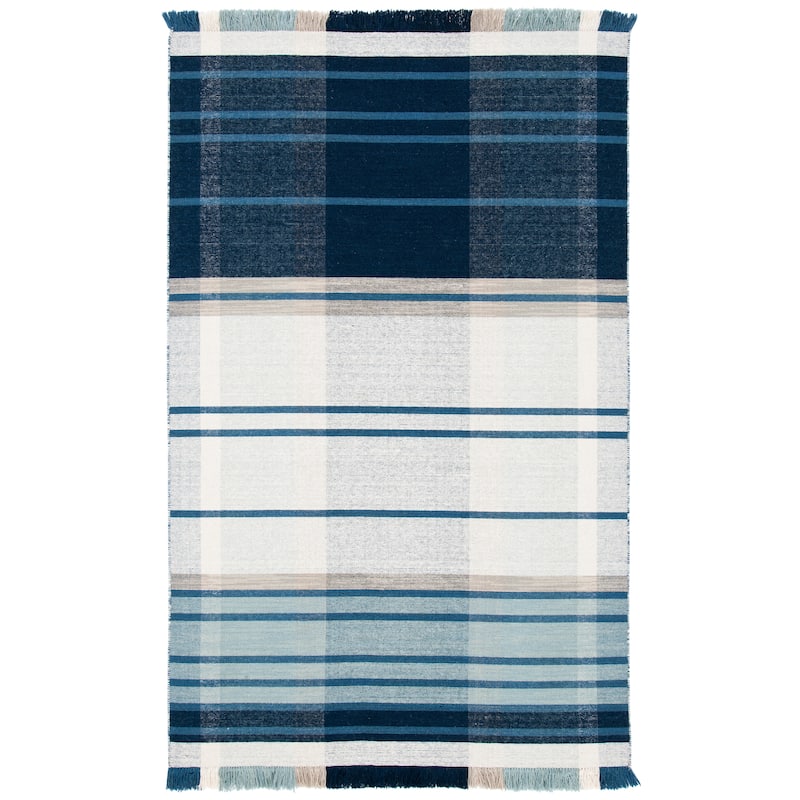 SAFAVIEH Striped Kilim Sharareh Wool Fringe Rug - 6' Square - Blue/Beige