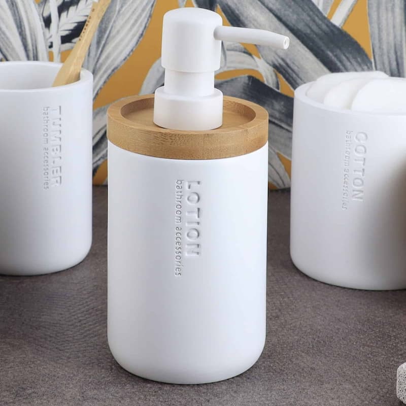 Elegant Soap Dispenser - Polyresin and Bamboo Design, Refillable Liquid Pump - 3 L x 3 W X 7 h - White