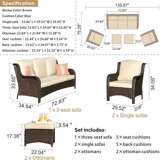 OVIOS 5-piece Patio Conversation Wicker Furniture Set