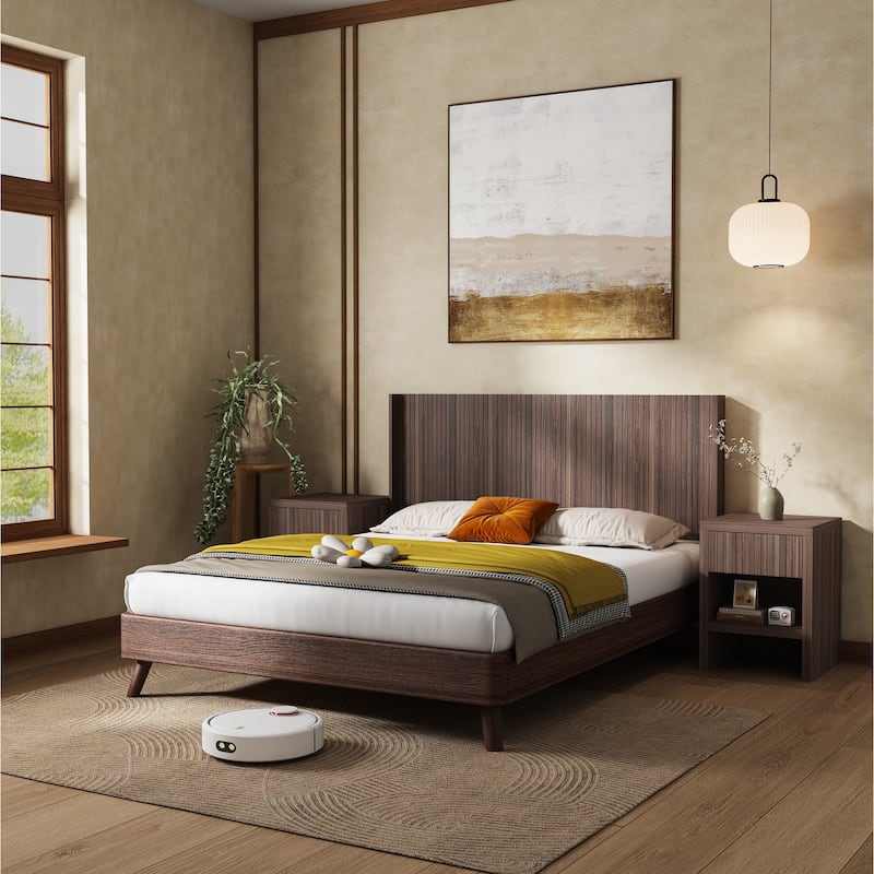 King Size Wall Mounted Wood Headboard with Fluted Panel and Wingback Design - Walnut Finish