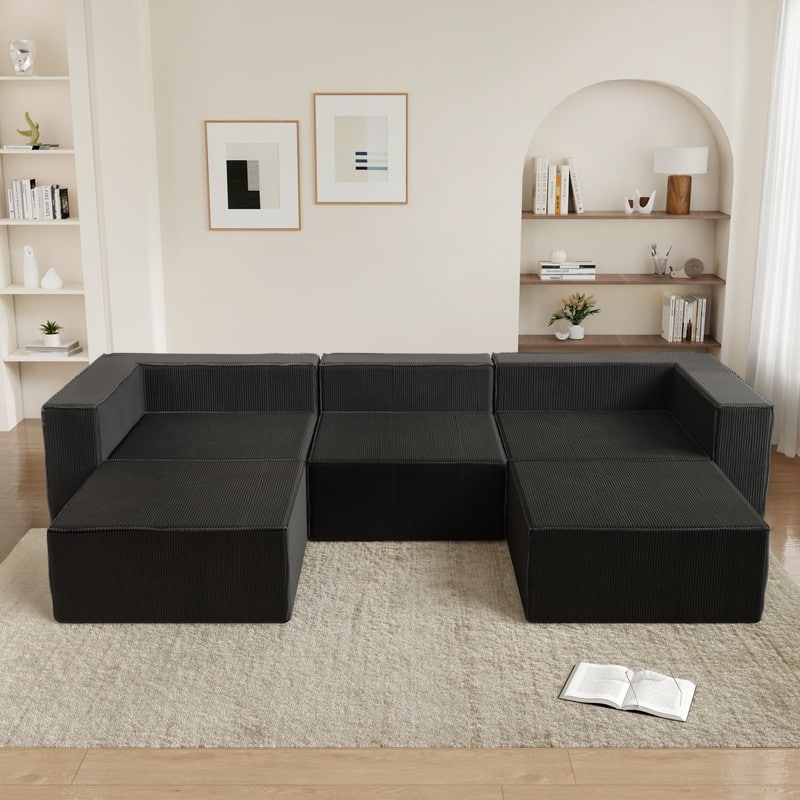 Corduroy Module with Two Ottoman Compression Sofas - Black Corduroy