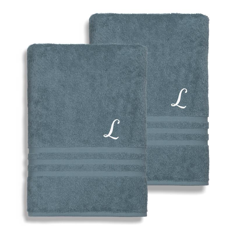 Authentic Hotel and Spa Omni Turkish Cotton Terry Set of 2 Medium Blue Bath Towels with White Script Monogrammed Initial - L