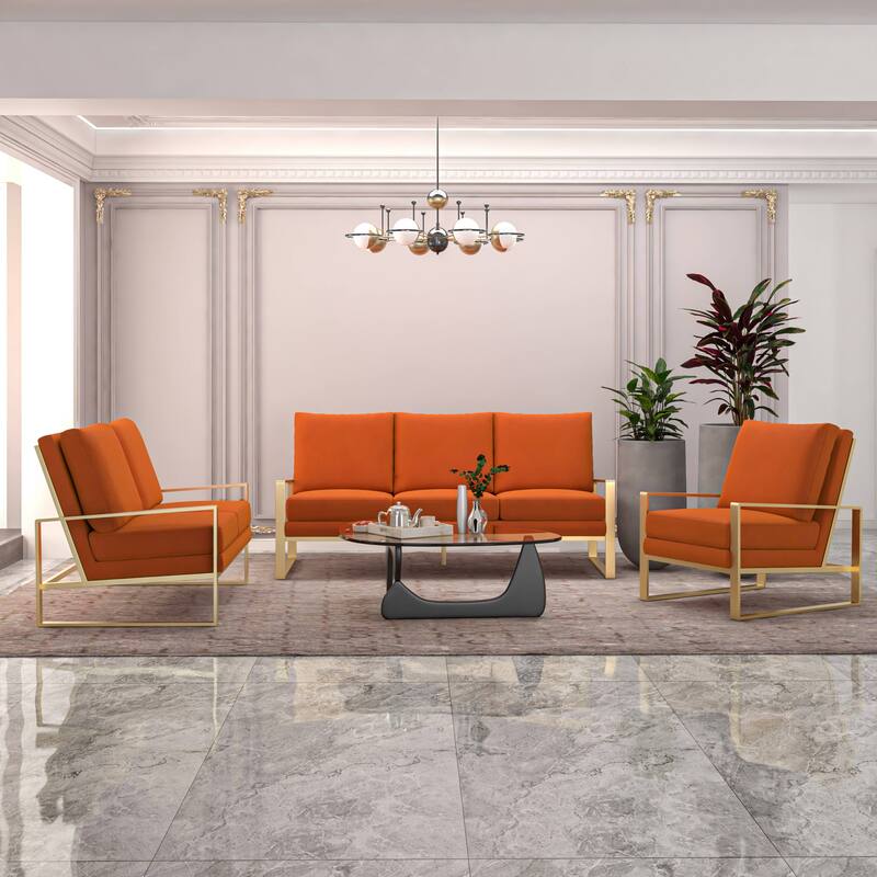 LeisureMod Modern 3-Piece Upholstered Velvet Sofa Set - Includes Sofa, Loveseat & Accent Chair for Home Office Living & Bed Room