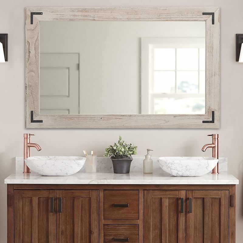 Rustic Wooden Framed Wall Mirror, Natural Wood Bathroom Vanity Mirror