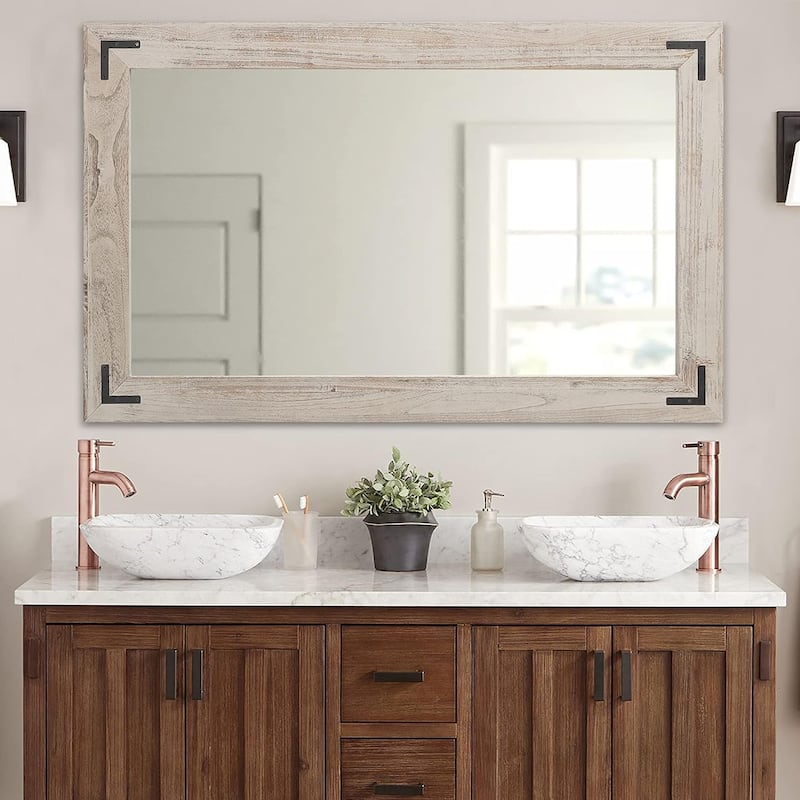 Rustic Wooden Framed Wall Mirror, Natural Wood Bathroom Vanity Mirror - 40" x 26" - White