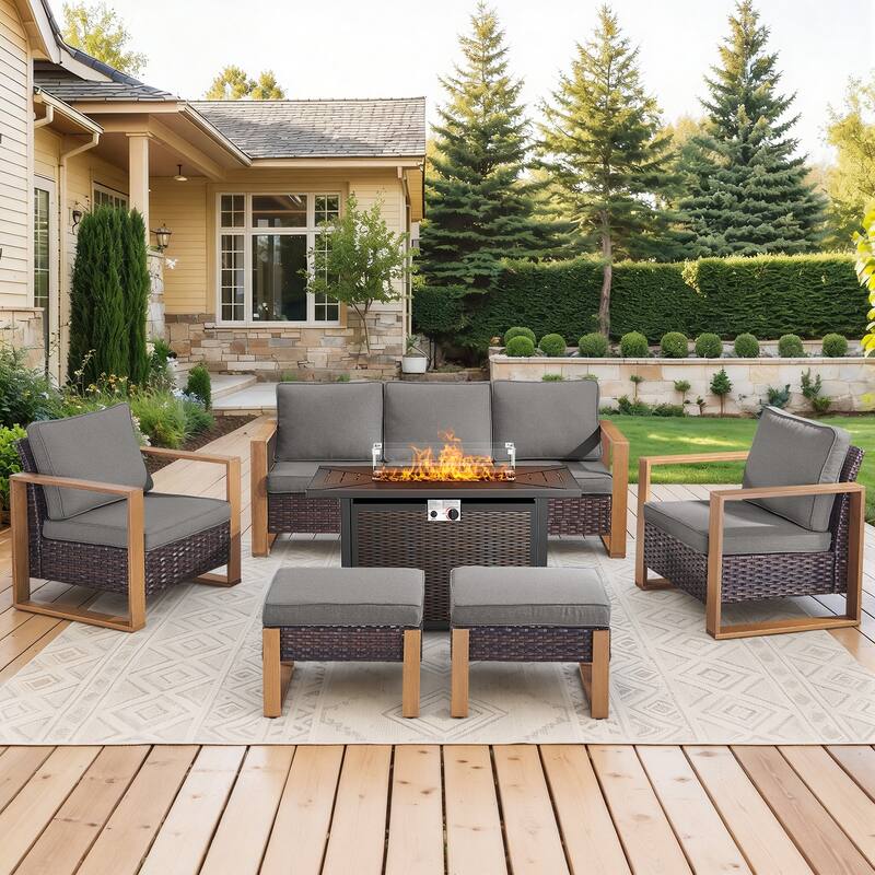 Meyreso Wicker Patio Conversation Set with Metal Fire Pit Table & Olefin Cushions