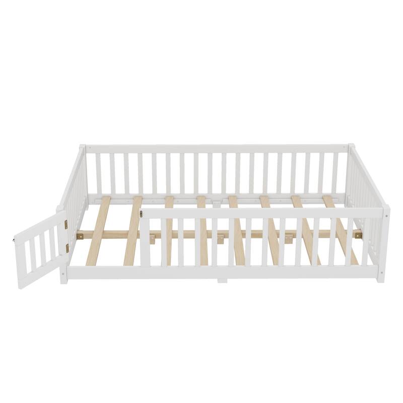 Full Size Bed Floor Bed w/ Safety Guardrails for Kids - White