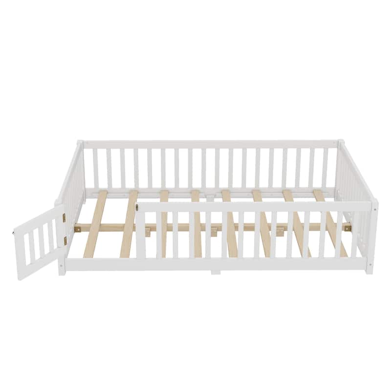 Montessori Toddler Floor Bed with Fence and Switchable Door, Low Profile Bed Frame with Removable Slats, Safe Transition Bed