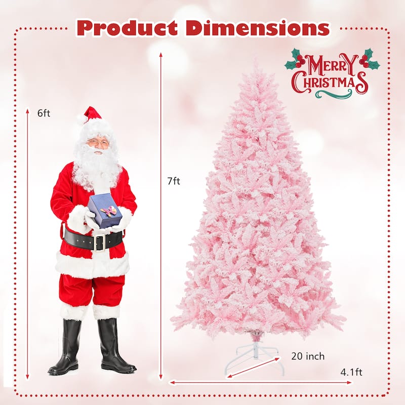 Gymax 7 FT Pre-Lit Artificial Christmas Tree Lighted Pink Snow Flocked