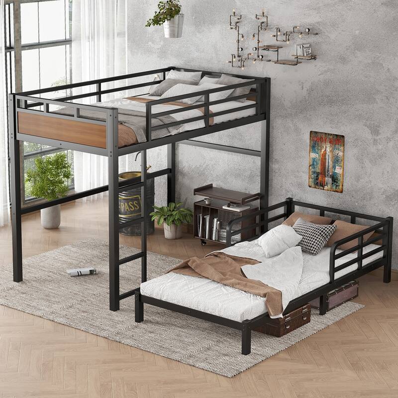 Twin XL over Twin XL Metal Bunk Bed/Metal Loft Bed and Metal Platform Beds,with raised security fence