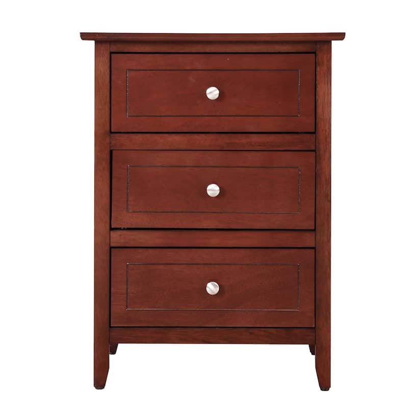 3 Drawer Cherry Wood Nightstand, 25 Inch Modern Minimalist Bedside Table with Real Wood Veneers