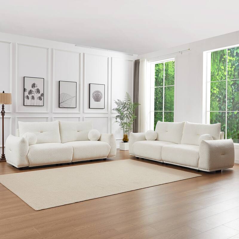 Wool Love Seater Sofa 90 Inch Comfortable Sofa, Wool Sofa with 2 Cushions and 2 Ball Pillows - 4 Seater - Beige