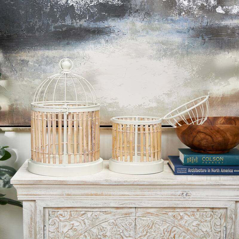 Brown Bamboo Wood Handmade Birdcage with White Metal Accents (Set of 2)