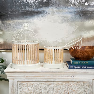 Brown Bamboo Wood Handmade Birdcage with White Metal Accents (Set of 2)