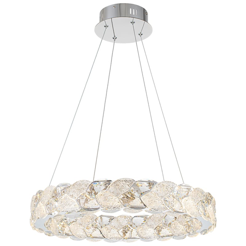 Ring Chrome LED Chandelier Textured Clear & Frosted Crystal Panels - Dia.19.69-in - Dia.19.69-in