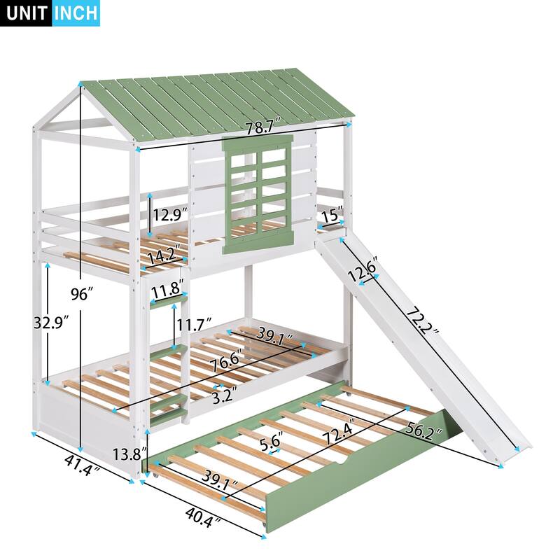 White+Green Twin Over Twin Pine House Bunk Bed with Trundle, Slide, and Windows