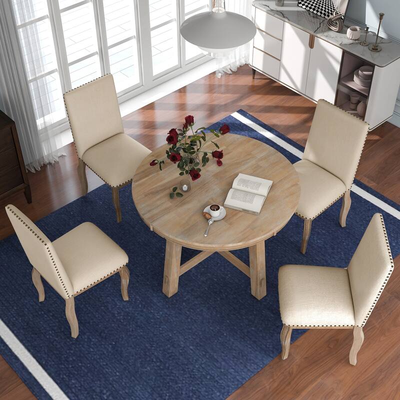 Modern 5-Piece Wooden Dining Table Set with Extendable Round Table & 4 Chairs