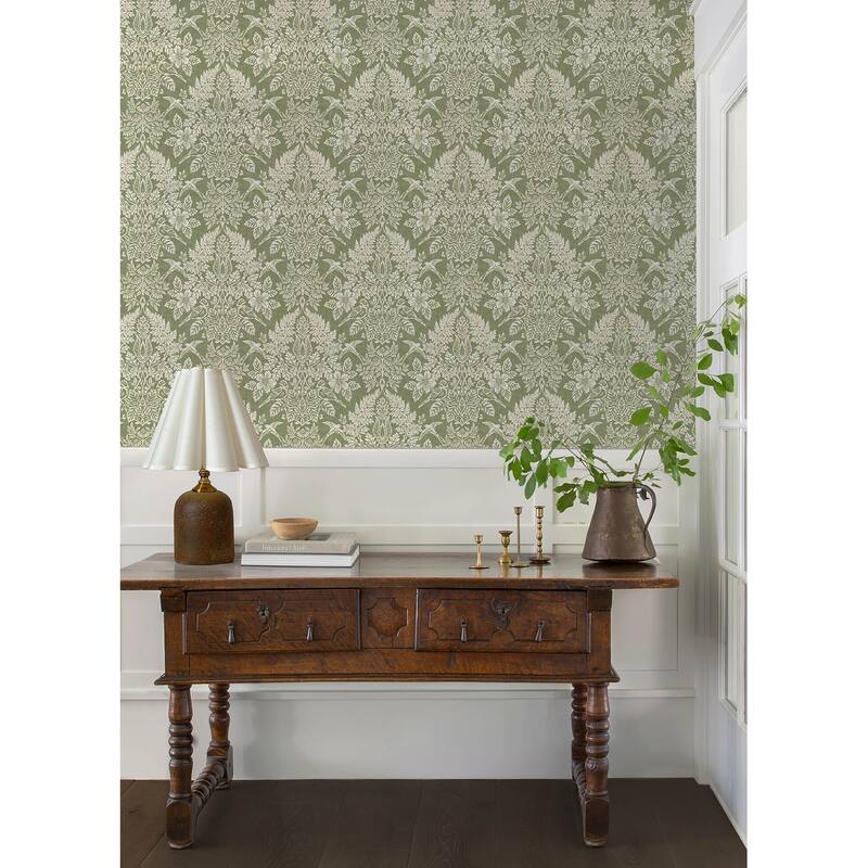 Chris Loves Julia x A-Street Prints Finch Light Green Woodland Damask Wallpaper