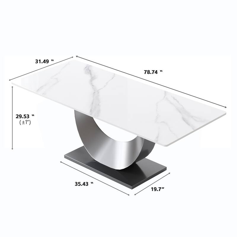 79" Marble Dining Table for 10, Modern Rectangle Kitchen Table with U Shape Pedestal Base
