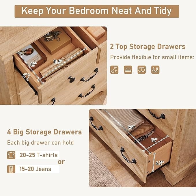 Vintage 6 Drawers Wood Dresser Chests, Rustic Dressers Chset Organizer
