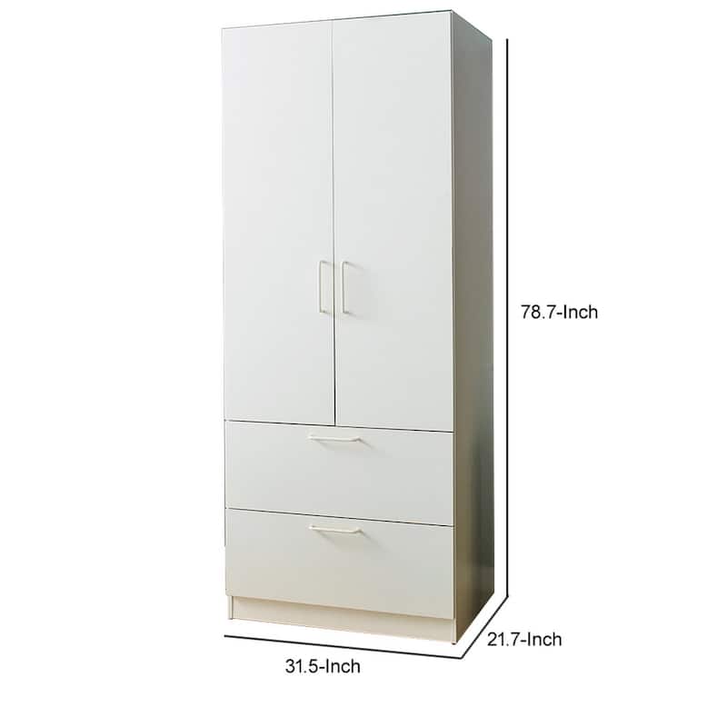 Rema 2 Door Standing Closet with 2 Drawers, Chrome Hanging Bars, White Wood