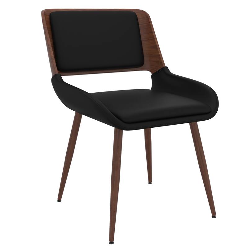 Mid-Century Modern Faux Leather, Metal and Wood Dining Chair, Set of 2 - Black and Walnut - Black